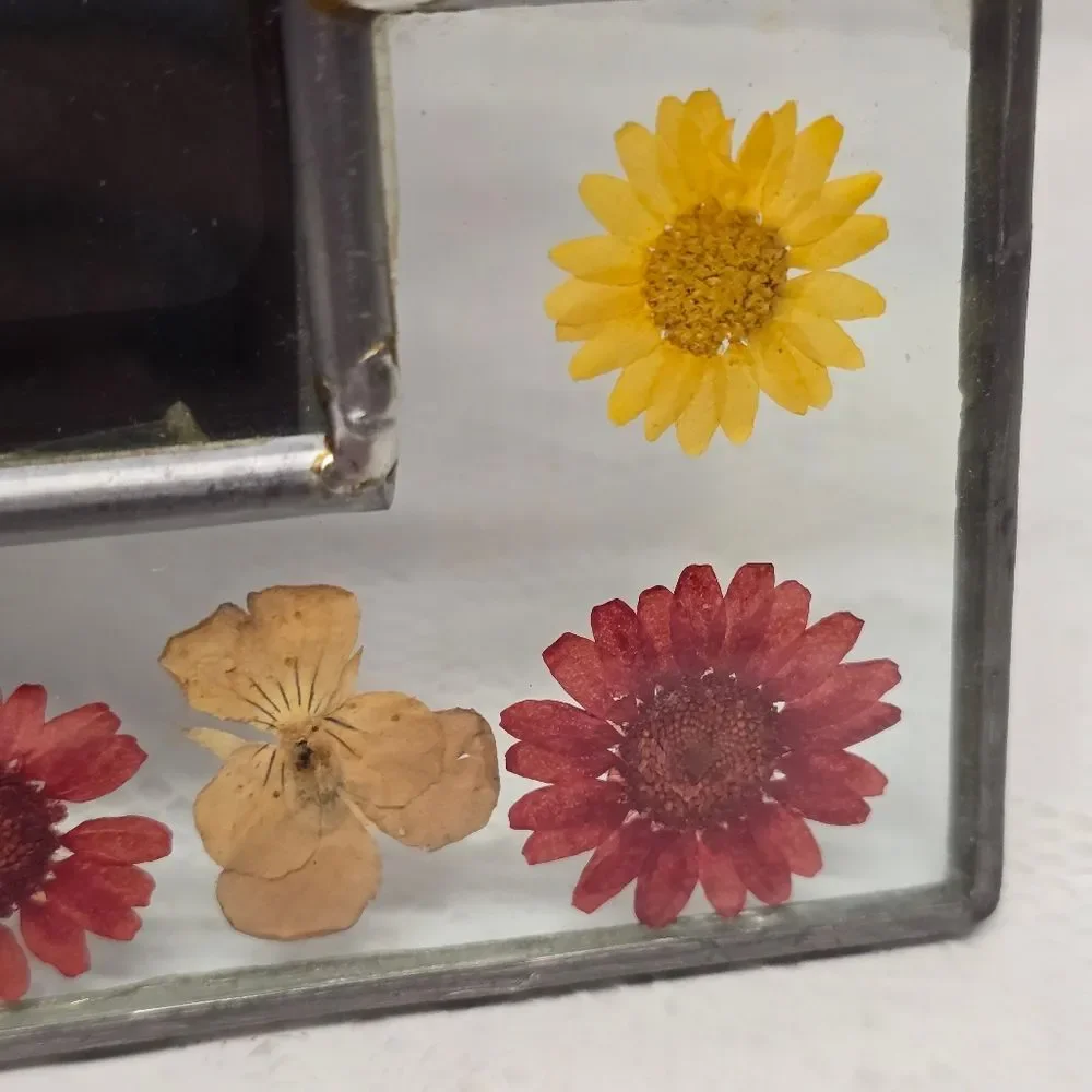 Vintage Stained Glass Pressed Dried Flowers  Picture Frame Cottage Summer Boho
